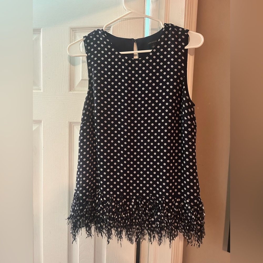 Black Polka Dot Sleeveless Top with Fringe